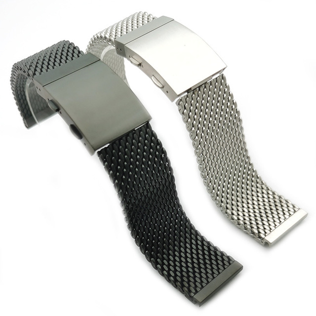Luxury 22mm Cool Shark Mesh 316L Stainless Steel Replacement Wrist Watch Band Silver Thick Mesh Extension Buckle Watch Strap