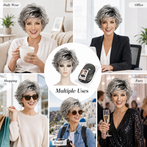 <span class=keywords><strong>Perruque</strong></span> Courte Bouclée Effet Flip-Out Noir Gris Argenté Dégradé Fibre Résistante à la Chaleur Frange Latérale Femme OEM - Product Image 3