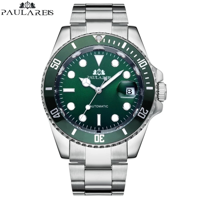 Paulareis Men Automatic Self Wind Mechanical Stainless Steel Strap Gold Silver Gradient Black Blue Dial Date Business Watch