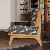 Fauteuil lounge sans accoudoirs en bois massif style Shaker, motif léopard animalier, assise rembourrée, structure en bois artisanal pour appartement studio