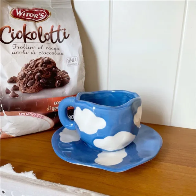 New design blue sky and white clouds hand-painted ceramic cup and plate set suitable for home office daily