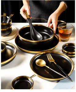 Service de table en porcelaine Chaoda à bord doré, <span class=keywords><strong>noir</strong></span> et vert, <span class=keywords><strong>vaisselle</strong></span> de luxe, bols à soupe en céramique, assiettes pour cadeaux de mariage - Product Image 4