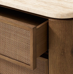 American-style Solid Wood High-<b>end</b> Luxury Bedside <b>Table</b>, with a Rattan Design on the Exterior and a Stone Tabletop. - Product Image 6