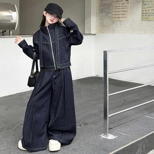 Completo in denim 2 pezzi per <span class=keywords><strong>ragazze</strong></span> 2026 Primavera Autunno: Giacca con nastro e pantaloni a gamba larga per adolescenti e studentesse - Product Image 6