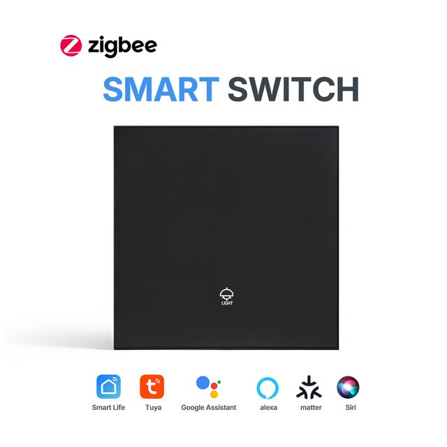 Zigbee Smart Wall Light Switch,Skin Feel Black Tempered Glass,1 Gang,App Remote Control,IP20 Rated Voice Control