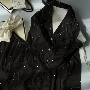 Nuovi arrivi estivi: <span class=keywords><strong>pigiama</strong></span> da <span class=keywords><strong>donna</strong></span> premium con stampa nera, top a maniche lunghe e pantaloni. - Product Image 5