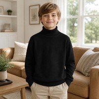Pull en maille à col roulé noir pour enfants Garson, 50 % polyester, tricot fin, col côtelé haut, pull fin pour l'automne, OEM/ODM