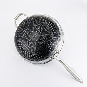 JOYOUS - Vente <span class=keywords><strong>en</strong></span> gros usine - Woks et poêles <span class=keywords><strong>en</strong></span> acier inoxydable <span class=keywords><strong>18</strong></span>/<span class=keywords><strong>10</strong></span> antiadhésifs à double nid d'abeille avec couvercle <span class=keywords><strong>en</strong></span> verre trempé et manche long pour gaz - Product Image 5