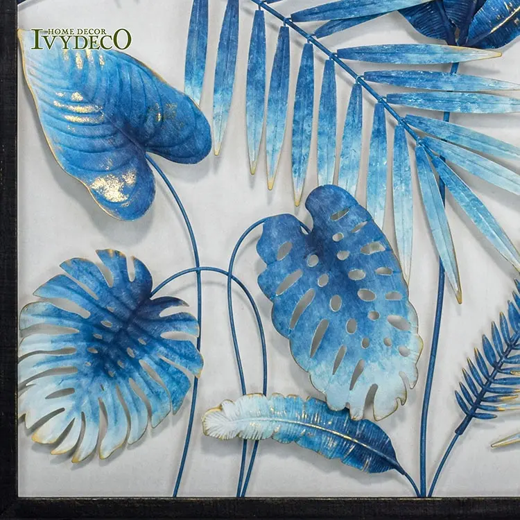 IVYDECO धातु दीवार कला जंगल शैली लकड़ी के आधुनिक ढाल ज़ेब फंसाया 3D नीले सफेद फ्रेम गोल्डन