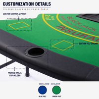 Table de poker et de Blackjack pliable 183x92x75cm, tapis bleu-vert, 8 porte-gobelets, plateau pour jetons du croupier, couleur de tapis personnalisée, fabricant OEM