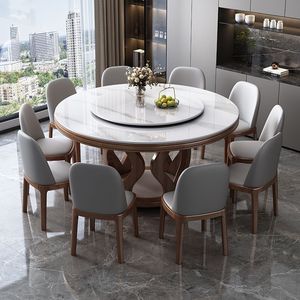 Ensemble de table à manger ronde en bois massif 8 pièces avec plateau tournant pour salle à manger - Product Image 1