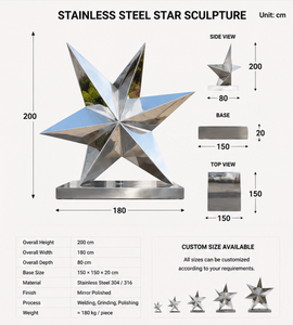 Escultura de Estrella de Cinco Puntas 3D en Acero Inoxidable Pulido Espejo BSA 304/316L, Estatua de Estrella Metálica para Exteriores, Jardín, Plaza, Villa - Product Image 2