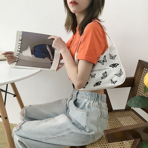 Borsa a Mano Primaverile da Donna con Stampa a Farfalla, Borsa Tote in Tela alla Moda, Borsa Sottobraccia con Cerniera a Mezzaluna in Tessuto di Cotone - Product Image 5