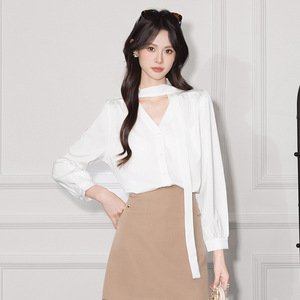 Women's <b>White</b> V-Neck Long Sleeve Shirt With Ribbon <b>Wrap</b> And Tie Design For Commuting - Product Image 1