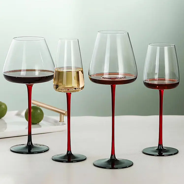 Luxury Burgundy Belly Home Tall Red Wine Glass Bordeaux Glass with Minimalist Design Light Red Black Bottom