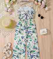 Ensemble 2 pièces imprimé plantes tropicales pour filles, haut à bretelles et pantalon à jambes larges, tenue d'été décontractée pour les vacances à la plage, usage quotidien