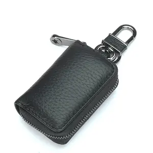 Car Key Chain Protector Case Genuine Leather Car Key Holder Bag with Zipper for Key FOB
