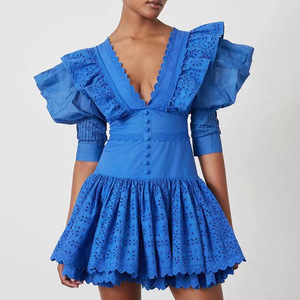 Vestido corto de mujer estilo corte francés 2025 con cuello en V y manga abullonada encaje bordado cintura lavable adelgazante para verano - Product Image 2