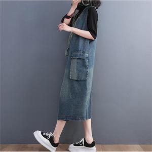Personnalisé A-ligne Asymétrique Solide Lâche Sans Manches Midi Col V Poches Ceintures Robe <span class=keywords><strong>Haute</strong></span> Qualité Unique Femmes Coton Denim Robes - Product Image 5