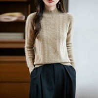 Pull en laine pure 100% style coréen pour femme, col semi-montant, épais, couleur unie, coupe ample, polyvalent, tricoté, couche de base pour l'hiver