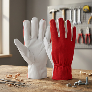 JNA Group White Leather Safety <b>Gloves</b> Red Knit Wristband Anti-Slip Fingertips 11 oz Thickness <b>Silicone</b> Latex Free General - Product Image 3