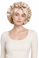 Gorro de Dormir de Seda de Morera 100% de Doble Capa con Forro de Satén, Banda Ajustable con Lazo, para Mujeres con Cabello Rizado, Uso Nocturno
