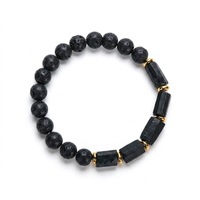 Bracelet en acier inoxydable avec perles rectangulaires en obsidienne noire et pierres de lave, anti-anxiété et protecteur
