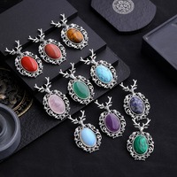 Colgante de alce de piedra de Aventurina Natural, cristal curativo, amatista, cabujón ovalado, cuenta Vintage, ciervo Sika, collar con colgante de cuerda negra