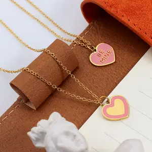 New Fashion Heart Necklace Stainless Steel 18k Gold Plated Pink Enamel Heart Necklace Waterproof Cute Necklace
