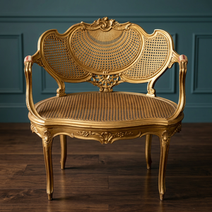 Vintage Curved Rattan Accent <b>Chair</b> with Gold Tone <b>Cane</b> Design Cotton Liner & Foam Filling for Living Room Lounge Furniture - Product Image 5