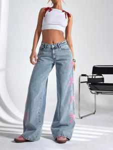 Novedad 2025 Para <span class=keywords><strong>Shein</strong></span>, Jeans Holgados de Pierna Recta con Bordado de Lazo, Explosión de Ventas Transfronteriza Estilo Europeo y Americano, Pantalones de Mezclilla Vintage Casuales - Product Image 2