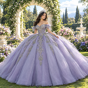 Robes de princesse pour Quinceañera, violettes, avec perles de cristal naturelles, appliques dorées, robe de bal en tulle, longueur au sol, grandes tailles LSMC16-1 - Product Image 1
