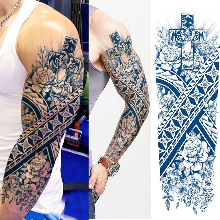 Sap Volle Arm Tattoo Sticker Semi-Permanente Waterdichte Tijdelijke Mannen Blauwe Inkt Dragon Totem Mouw Body Art Tattoo