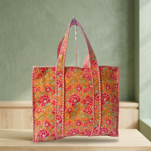 Bolsos de Mano al por Mayor de Alta Calidad, Bolsos de Moda para Mujer con Estampado Floral, Asas a Rayas Rojas y Naranjas, Bolsos de Compras con Parte Superior Abierta - Product Image 2