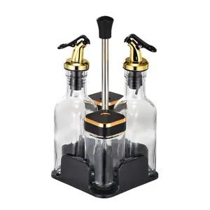 Airtight Condiment Marble Seasoning Bottle Modern Luxury Household Rotatable 4pcs Glass Spice Jar Set With Metal Organizer Rack