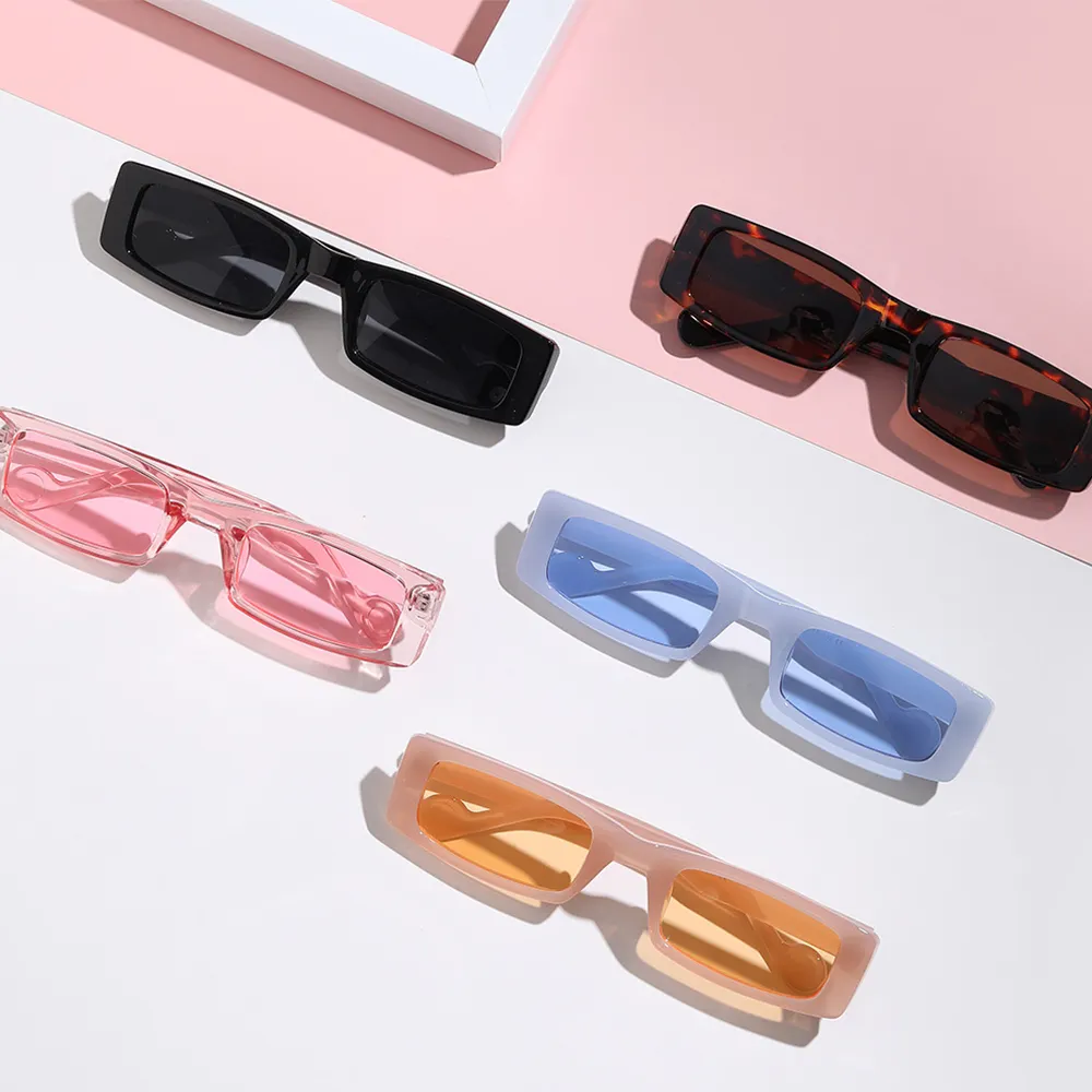 2021 Womens Trendy Sun Glasses Candy Colored Lens Rectangular Acetate Black Small Sunglasses