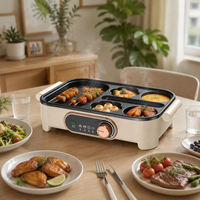 Grill électrique 5-en-1 avec plaque de cuisson 800W, thermostat réglable, zones de cuisson antiadhésives, friteuse à œufs, barbecue domestique