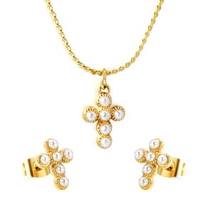 Ensemble de bijoux en acier inoxydable plaqué or 18 carats avec pendentif croix en perles et boucles d'oreilles clous, vente en gros pour femmes - Product Image 1