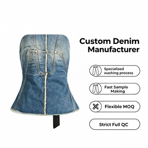 <span class=keywords><strong>Corset</strong></span> <span class=keywords><strong>bustier</strong></span> en jean sans bretelles, coupe évasée, délavage clair, bords effilochés, style vintage streetwear - Product Image 1