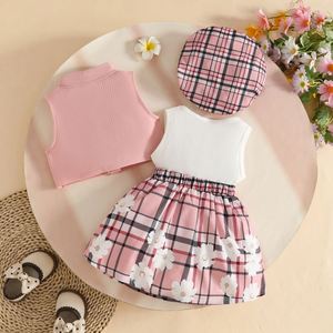 Ensemble d'été pour bébé <span class=keywords><strong>fille</strong></span> de 0 à 3 <span class=keywords><strong>ans</strong></span> : Manteau sans manches à col montant simple boutonnage en laine peignée + Robe-veste à carreaux côtelés et chapeau - Product Image 3