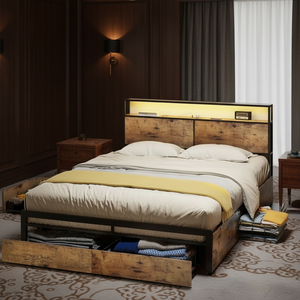 Lit double moderne avec étagère intégrée rétroéclairée, cadre en bois rustique, tiroirs de rangement, lumières LED, métal solide - Product Image 3