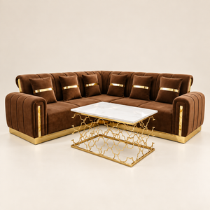 Modern Brown Velvet Sectional <b>Sofa</b> With <b>Gold</b> Accents Tufted Design Living Room Furniture Set Elegant Style - Product Image 1