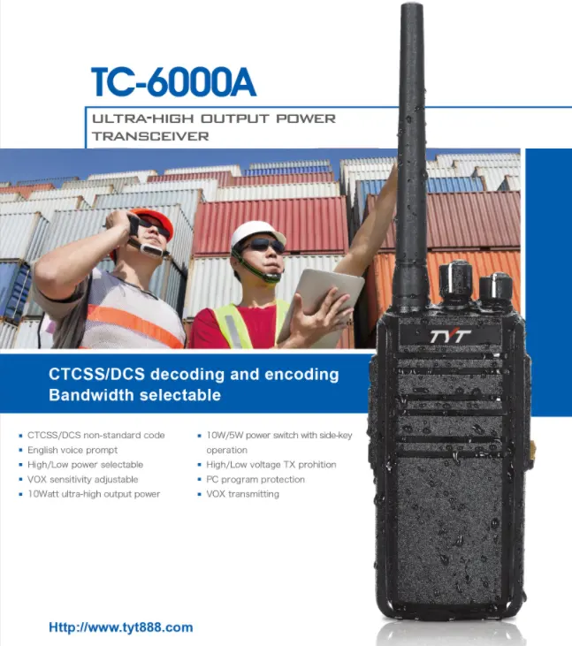 TYT TC-6000A 10W 3600mAh بطارية IP67 مقاوم للماء راديو طويل المدى راديو لاسلكي مزدوج