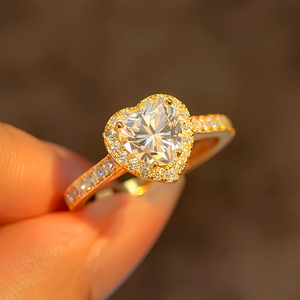 FOXI 1カラット ハート型 モアッサナイト ダイヤモンドリング 18Kゴールドプレート ヘイロー婚約指輪 925スターリングシルバー モアッサナイト 結婚指輪 - Product Image 1