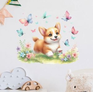 Cartoon Fun Pet Corgis with butterfly or <b>rainbow</b> Wall Stickers Children's Bedroom Living Room Background Wall Decoration - Product Image 4