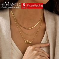 Collier EManco superposé avec chaînes plates serpent, maille forçat et câble, pendentif personnalisé avec nom en écriture cursive, accessoire tendance pour le quotidien, les fêtes, les anniversaires
