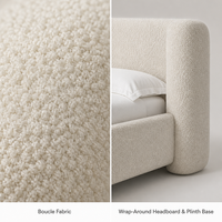 Lit plateforme capitonné Boucle avec tête de lit arrondie crème, base en plinthe de style organique moderne pour lits King et Queen, personnalisable OEM ODM