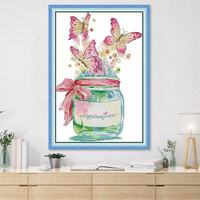 Kit de Broderie Point de Croix Pré-imprimé DIY 16/14/11CT avec Motif Papillon Inspirant en Pot et Ruban pour Adultes, Décoration Murale Maison