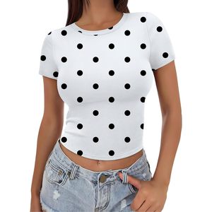 White Polka Dot <b>Crop</b> <b>Top</b> Women Short Sleeve Breathable Fashion Shirt Y2K Summer Outfit Beach Vacation Wear L - Product Image 1