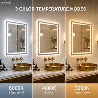 Miroir de salle de bain LED 28"x36" mural, rétroéclairé, anti-buée, à intensité variable, 3 couleurs, miroir trempé incassable